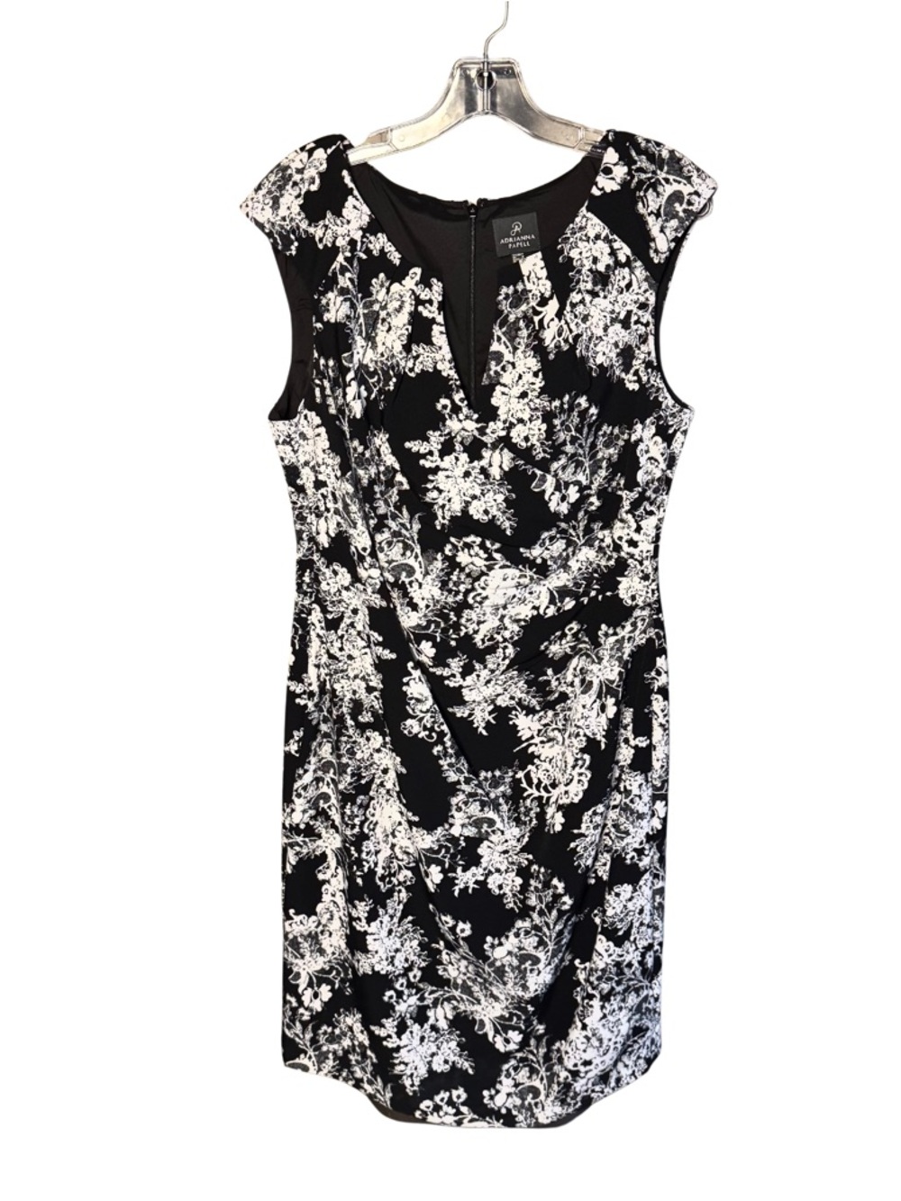 Adrianna Papell Black with White Floral Ruched Sheath Dress Sz 14 Wedding Guest